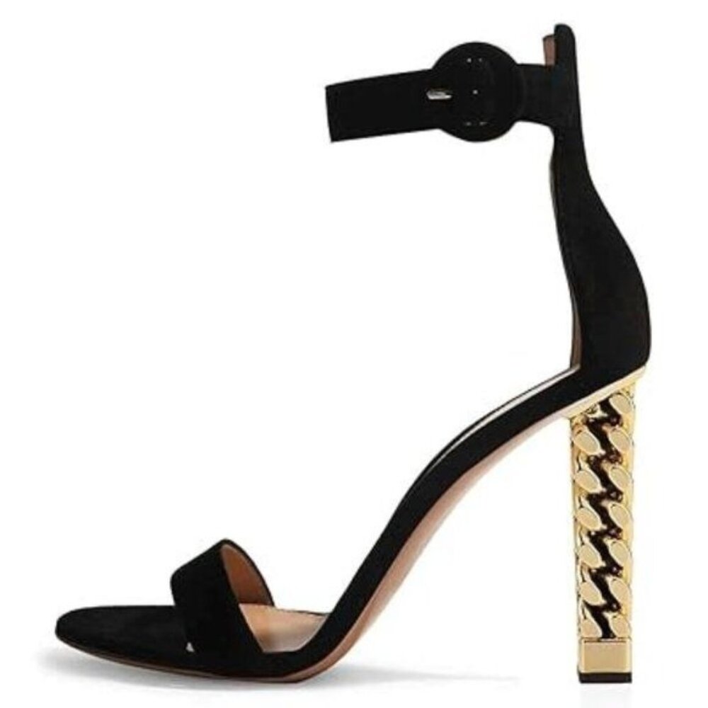 FSJ Women Summer Gold Metal Chain Chunky Heeled Open Toe Sandals Ankle Strap